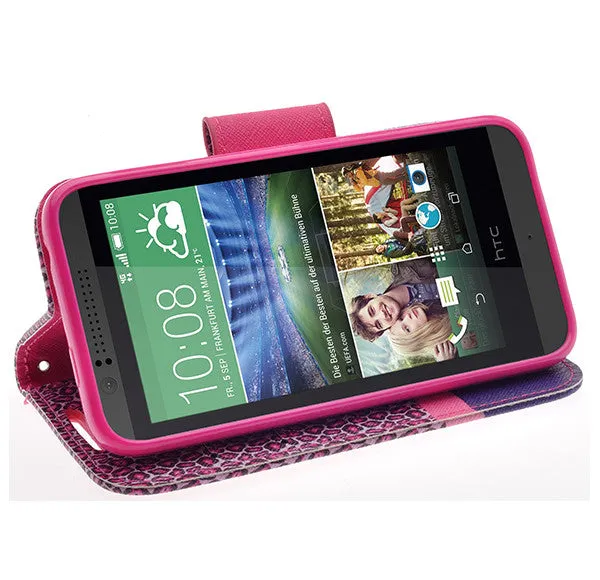 HTC Desire 510 Case, Wrist Strap Magnetic Fold[Kickstand] Pu Leather Wallet Case with ID & Credit Card Slots for HTC Desire 510 - Cheetah Prints