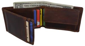 Mens Small Bifold Crazy Horse Leather Slim Card Holder Wallet With Coin Pouch