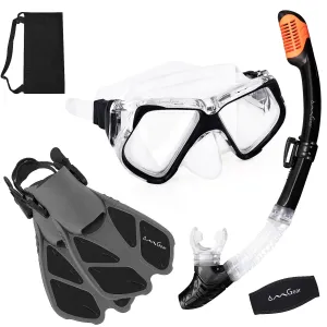 OMGear Mask Snorkel Set with Fins Snorkeling Gear for Adults Silicone Scuba Diving Mask Dry Snorkel Short Swim Fins Dive Set Swim Goggles with Nose Cover Snorkel Flippers(InkS/M)