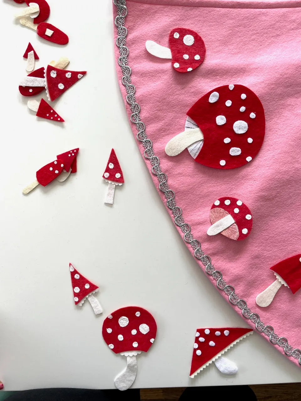 Pink Felt Christmas Tree Skirt with Mushrooms