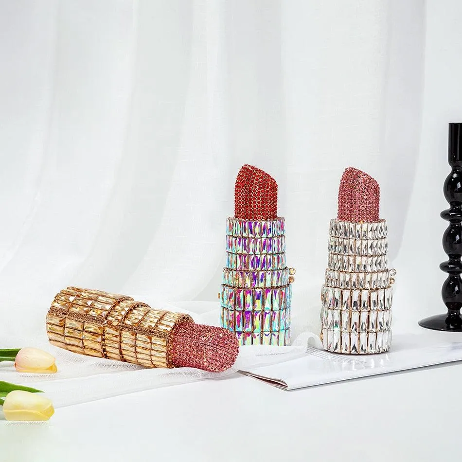 "Luxury Crystal Lipstick Clutch Bag: Designer Metal Rhinestone Evening Purse by T-BOO"