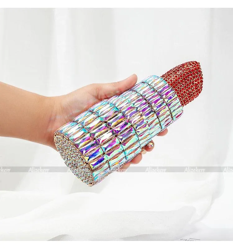 "Luxury Crystal Lipstick Clutch Bag: Designer Metal Rhinestone Evening Purse by T-BOO"