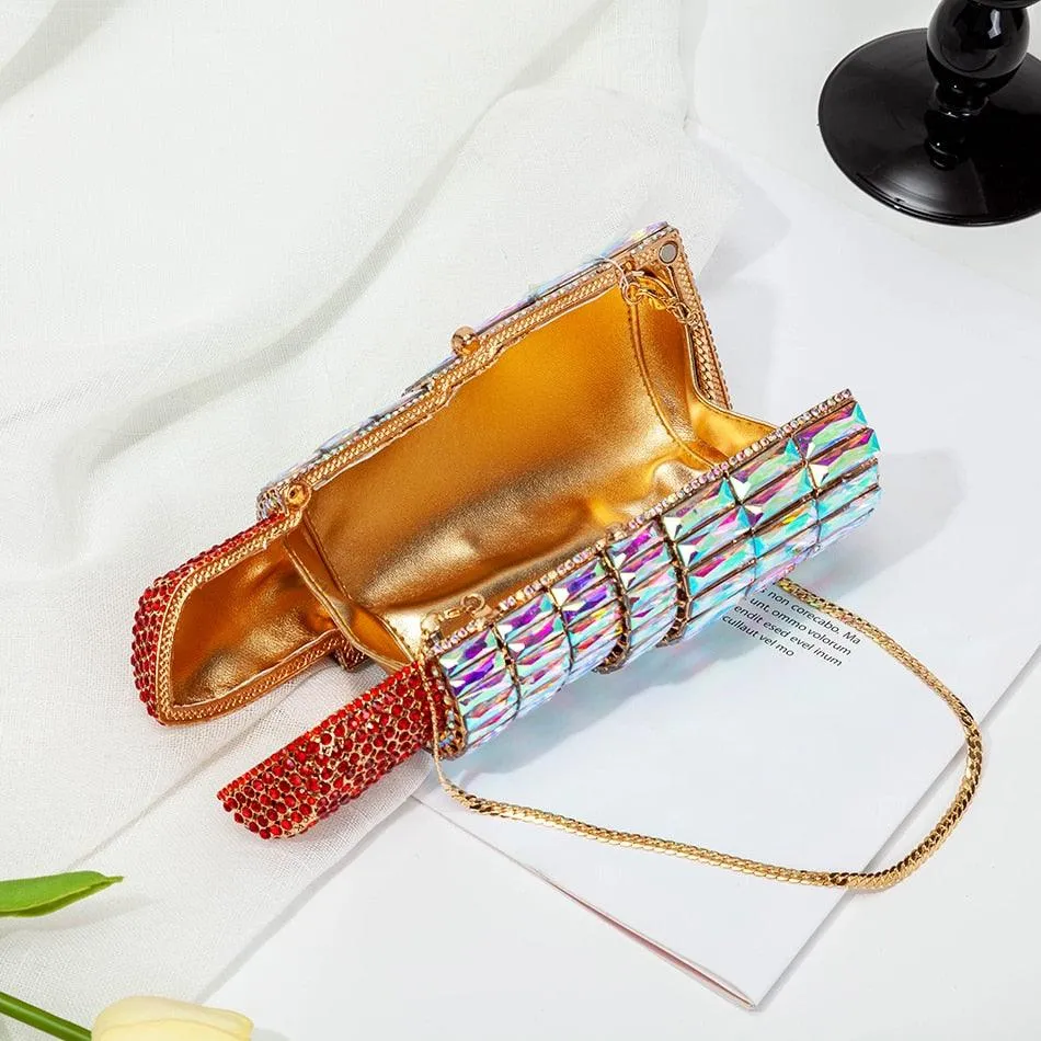 "Luxury Crystal Lipstick Clutch Bag: Designer Metal Rhinestone Evening Purse by T-BOO"