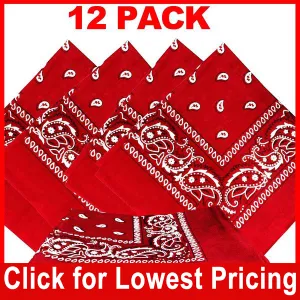Red  Bandana - 100% Cotton - Paisley Bandana - 12 Pack