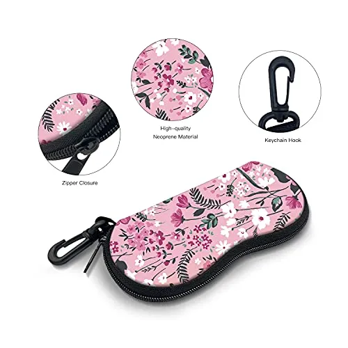 ZAXMEY Sunglasses Soft Case with Carabiner Ultra Light Neoprene Zipper Eyeglass, Pink Flower